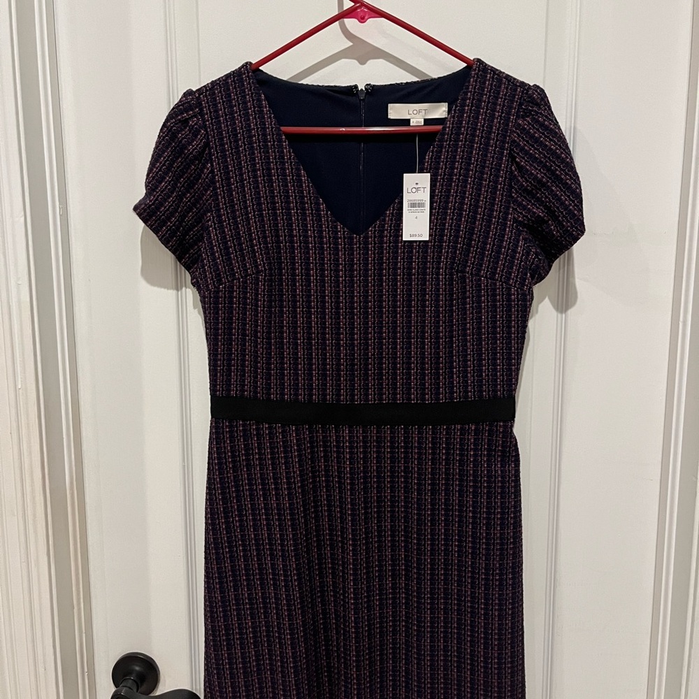 LOFT Navy and Pink Patterned Midi Dress